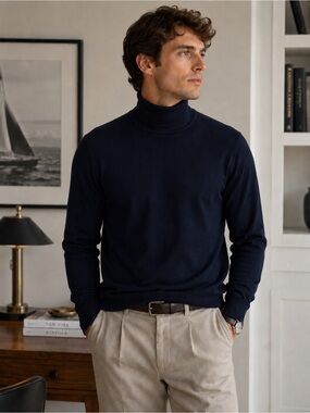 BOSS Hugo Boss Italian Yarn Virgin Wool Turtleneck Sweater Navy Men L Minimalist